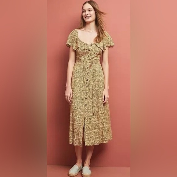 Anthropologie Bolano Leopard Print Midi Button Front Dress Size 0 Boho - Picture 2 of 14